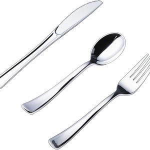 N9R 300PCS Silver Plastic Silverware Set, 100 Forks, 100 Spoons, 100 Knives, Heavy Duty Disposable Cutlery for Parties, Fancy Disposable Flatware for Weddings, and Daily Use