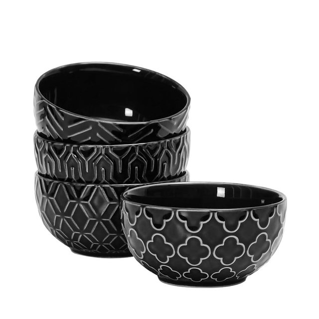 Sureasy Small Bowls 4 OZ, 3.5 Inch Dipping Bowls, Ceramic Embossed Mini Bowl for Side Dishes, Sauces, Appetizer, Housewarming, Set of 4, Black