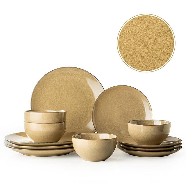 Dafuceramic Plates and Bowls Sets, 12 Pieces Modern Stoneware Dinnerware Set for 4 Kitchen Dinner Set Ceramic Dishware Dishes Set Microwave and Dishwasher Safe (Maize Yellow)