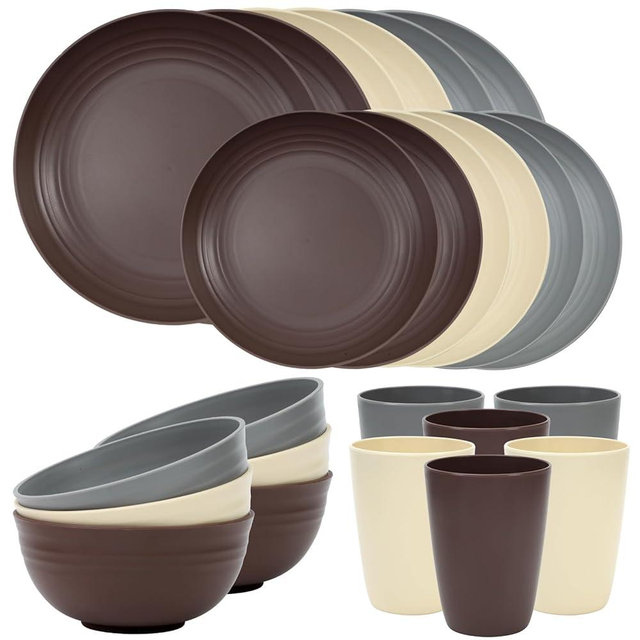 Quatish 24 Piece Plates and Bowls Sets for 6, Unbreakable Dinnerware Sets, Plastic Dish Set for Camping, Dishwasher Microwave Safe, Outdoor Kitchen and Apartment Dinning RV Essentials, Brown
