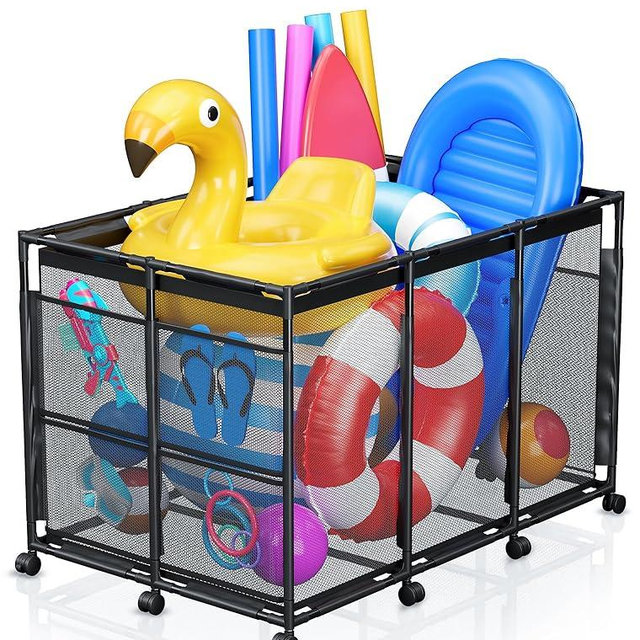 Kompoll Pool Float Storage - Rolling Mesh Pool Storage Bin for Noodles, Goggles, Floats & Balls, XXL Large Outdoor Pool Toy Organizer with Wheels for Swimming Accessories, Black