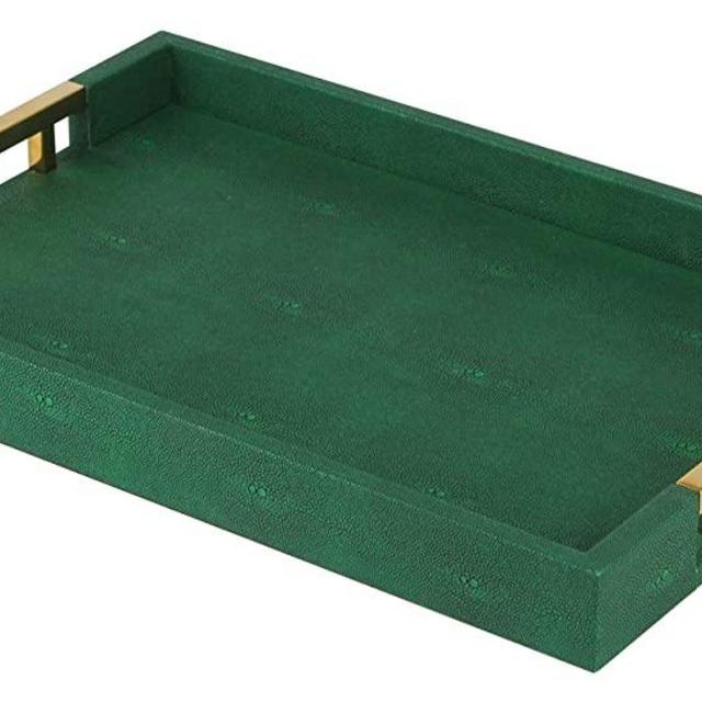 Modern Elegant 18"x12" Rectangle Emerald Green Shagreen Decorative Ottoman Coffee Table Perfume Living Room Kitchen Serving Tray with Gold Polished Metal Handles by Home Redefined for All Occasion's