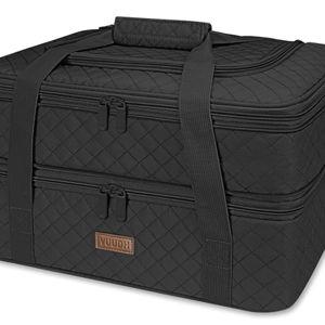 Black Vuudh Quilted Double Decker Casserole Carrier - Expandable Dish Carrying Case for Hot or Cold Food, Lasagna Holder for Potluck Parties, Picnic, Beach, Fits 9"×13" Baking Dish (Black)
