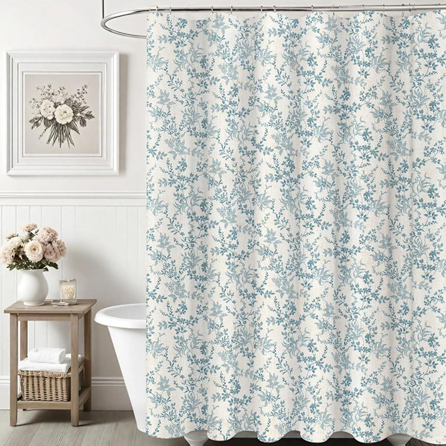 Ksriylm Dark Blue Linen Cotton Waterproof Shower Curtain, Farmhouse Elegance Floral Shower Curtains for Bathroom Decor, Chic Fabric Cloth Flower Leaves Shower Curtain 72" W x 72" L
