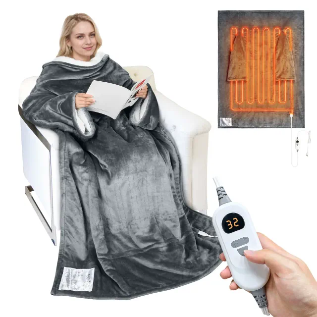 Catalonia 50"x70" Heated Blanket with Sleeves, Wearable Warming Blanket with 5 Heating Levels, 4H Timer Auto Shut Off, Overheat Protection, Gray