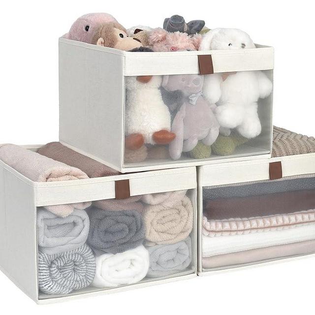 StorageWorks Closet Storage Bins with Clear Window and 2 Handles, Foldable Storage Baskets for Shelves, Extra Large Fabric Organizer, Beige, 3 Pack