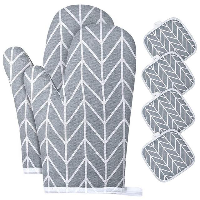 AUAUY Oven Mitts and Potholders BBQ Gloves-Oven Mitts and Pot Holders, Comfortable Cotton Heat Resistant Cooking Gloves for Cooking Baking Grilling (6-Piece Set,Grey)