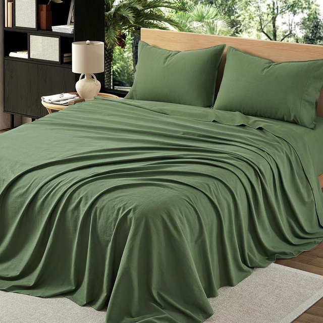 OnlySet 4Pcs Organic Linen Sheets Queen Size, 100% French Linen from Normandy, Breathable Forest Green Queen Sheet Set with 16 Inch Deep Pocket, 1 Flat Sheet, 1 Fitted Sheet, 2 Pillowcases