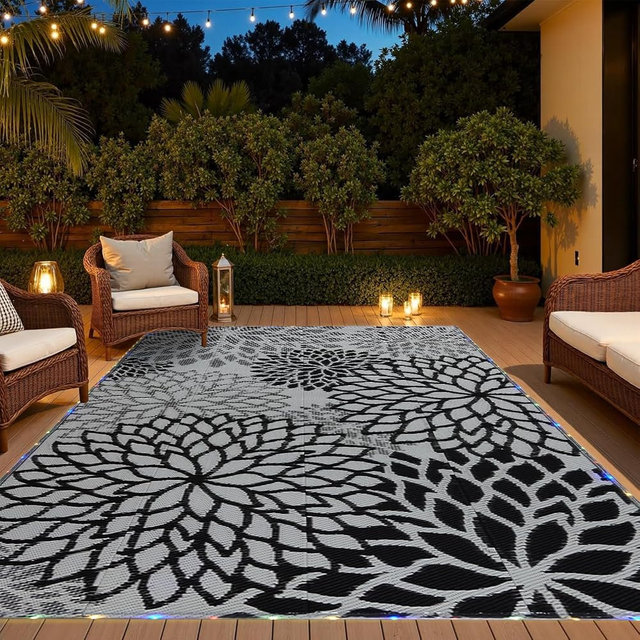 YONILE Outdoor Rug 9x12 ft with LED Light, Waterproof Reversible Outdoor Plastic Straw Rug for Patios Clearance, Large Outdoor Area Rug Carpet RV Mat for Camping Backyard Deck Porch Beach