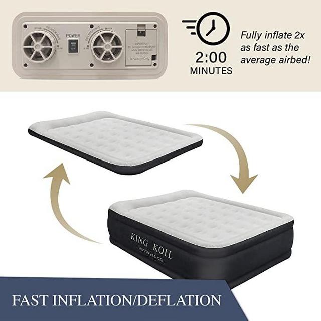 King Koil Luxury Queen Air Mattress with Built-in High Speed Pump, Blow Up Bed Top and Side Flocking, Puncture Resistant, Double High Inflatable Queen Airbed Air Mattress for Camping, Home, Travel