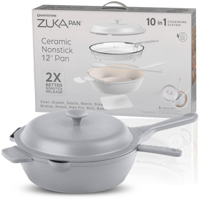 Granitestone Zuka Everyday Pan 12" Grey Nonstick Multi-Functional Saute Pan with Lid, Nylon Spoon and Steamer Basket