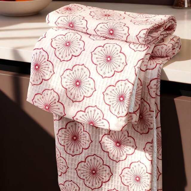 Miss Adola Cotton Waffle Kitchen Towels – Cute 370 GSM 16x25 Inch Terry Cloth Waffle Decorative Dishcloth for Kitchen Set of 2 with Hanging Loop Absorbent Hand Tea Towel for Home Design, Sakura