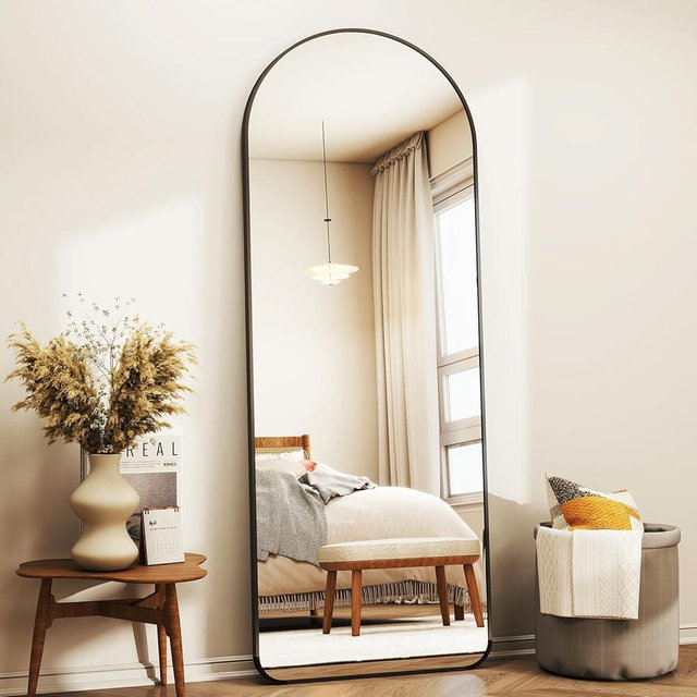 65"x 22" Arched Full-Length Mirror with Rectangular Corners, Large Wall-Mounted or Leaning Floor Black Mirror for Bedroom, Living Room, Entryway, and Dressing Room Décor, Modern Full Body Mirror