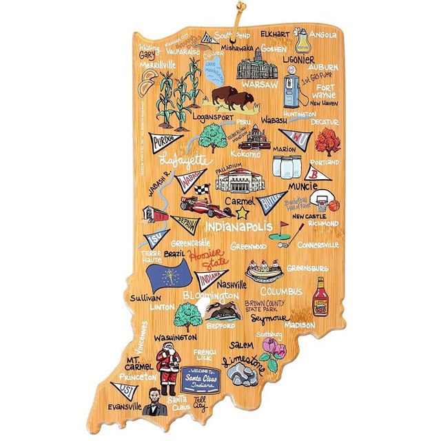 Totally Bamboo Indiana State Shaped Cutting Board and Charcuterie Serving Platter with Artwork by Fish Kiss, Includes Hang Tie for Wall Display