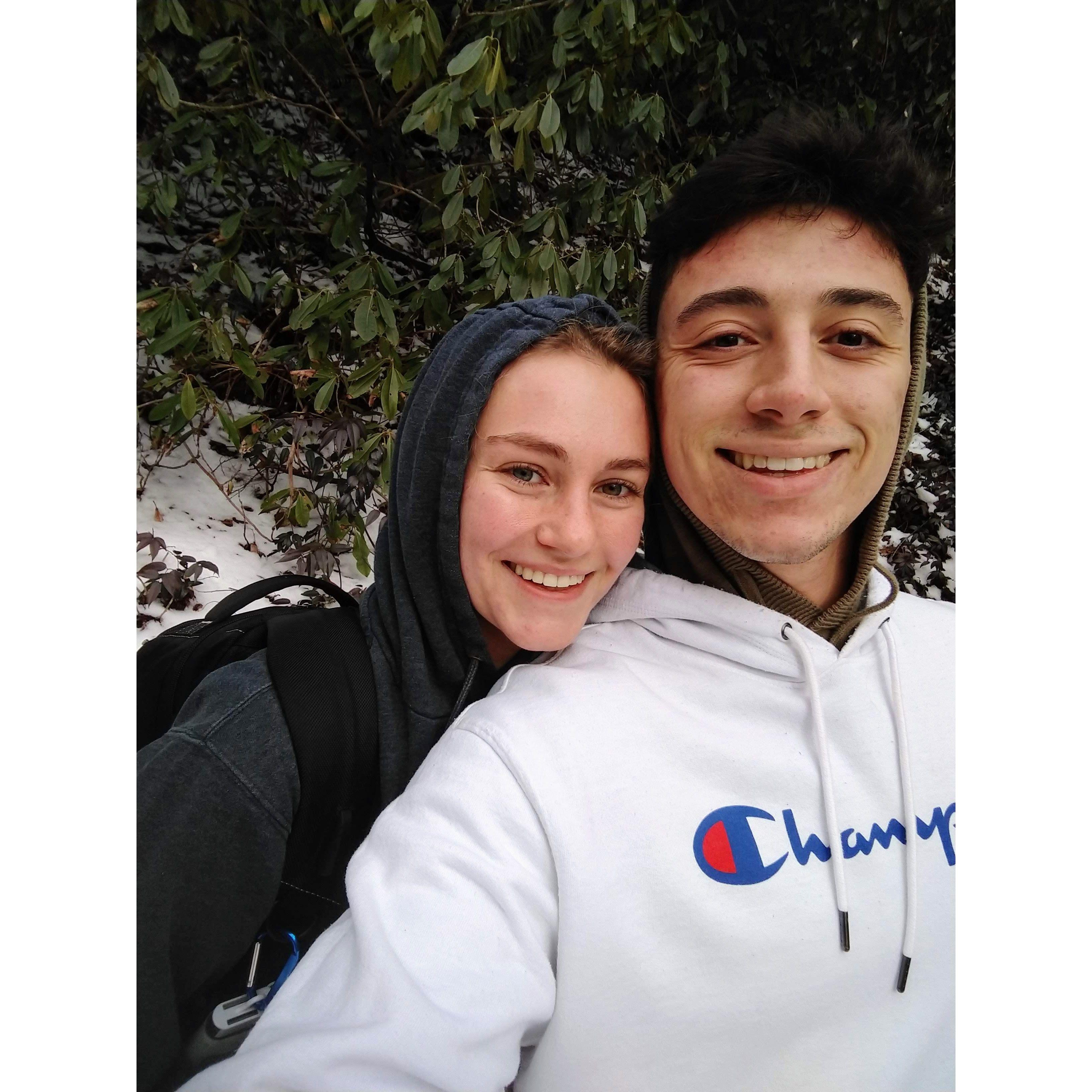 January 2021. Smoky Mountains. Franco's shoe sole fell off in the middle of the hike! He was a great sport even while his foot was getting soaked. That was a green flag for Ellie!