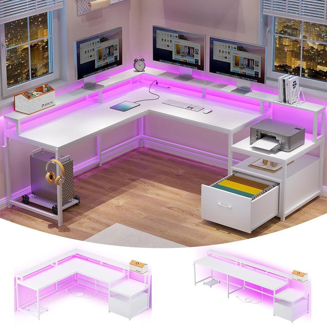 SEDETA White L Shaped Gaming Desk, 66" Home Office Desk with File Drawer, Power Outlet and Led Lights, Corner Computer Desk with Monitor Shelf, Printer Storage Shelves, for Two Person