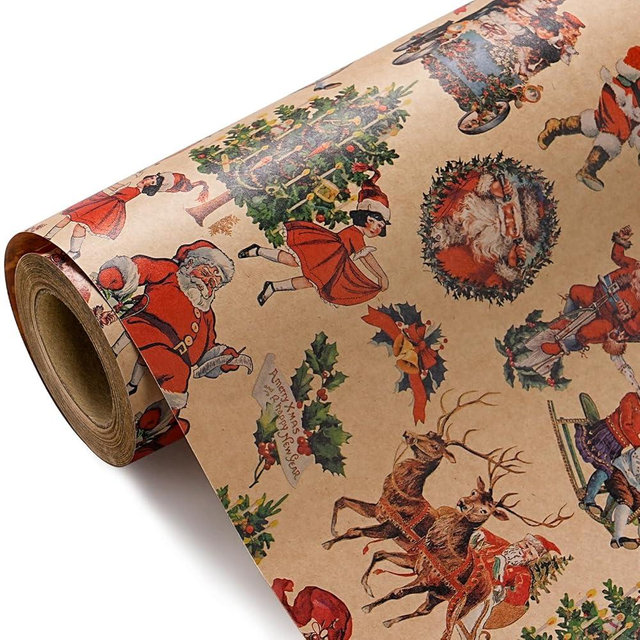 WRAPAHOLIC Kraft Vintage Christmas Wrapping Paper - Mini Roll - 17 Inch x 16.5 Feet - Santa, Tree and Festive Scene Retro Christmas Wrapping Paper for Holiday, Party Celebration