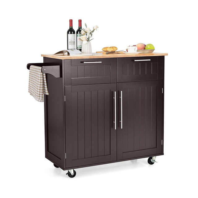 Heavy Duty Rolling Kitchen Cart with Tower Holder and Drawer-Brown