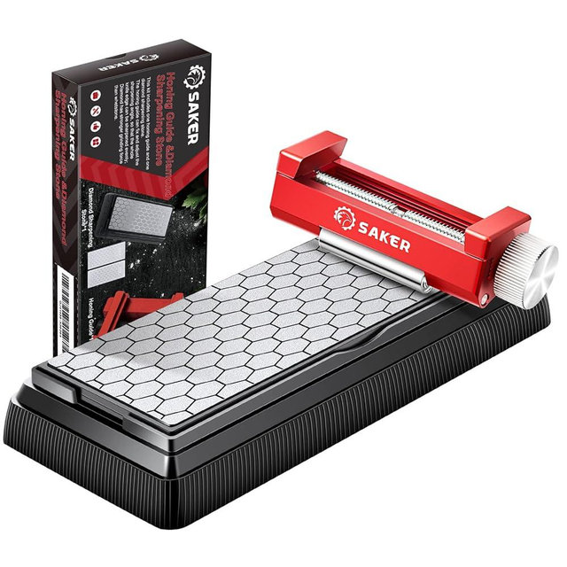 Saker Honing Guide with Whetstone - Red Off-Center Upgraded Honing Tool and Diamond Sharpening Stone Set Kit for Knife, Short Chisels and Planes, Fine/Coarse Plate, 400/1000/Grit…