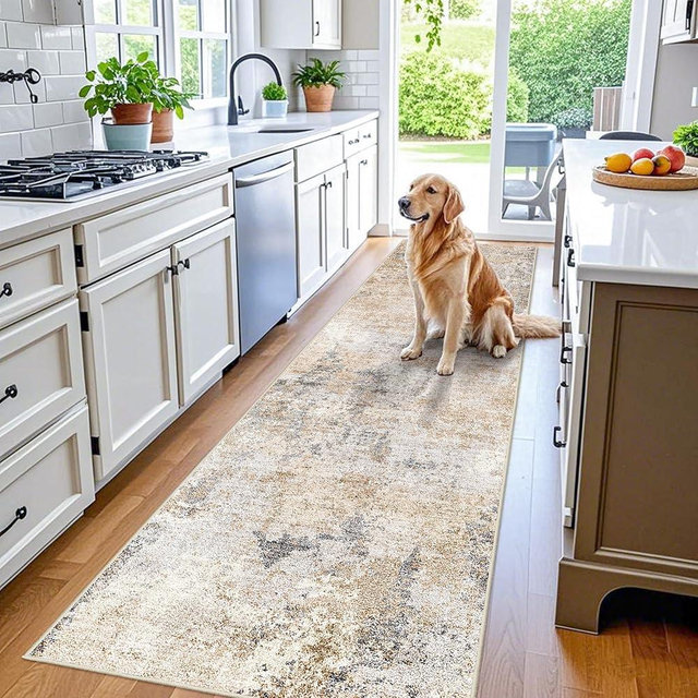 3x10 ft Long Hallway Runner Rug – Non-Slip Washable Kitchen Floor Rug with Rubber Backing, Modern Low Pile Thin Wide Carpet Runners for Bedroom, Entryway Indoor (Gold Grey,3x10)