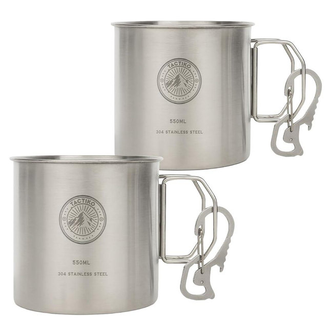 Tactiko 2-Pack 18 oz (550ml) 304 Stainless Steel Camping Mug - Metal Coffee Cup with Folding Handles -Backpacking Gear for Hiking, Overlanding, Survival Kits & Outdoor Cooking