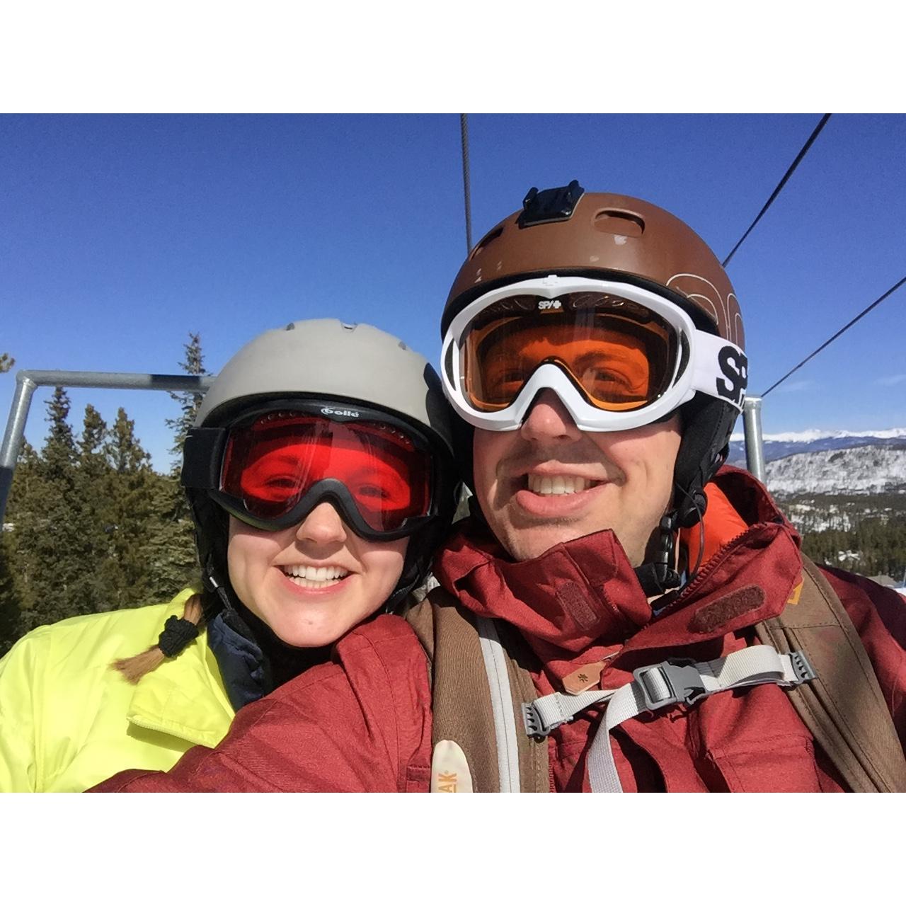 Ben is a snowboarding pro and is warming Kara up to the slopes.