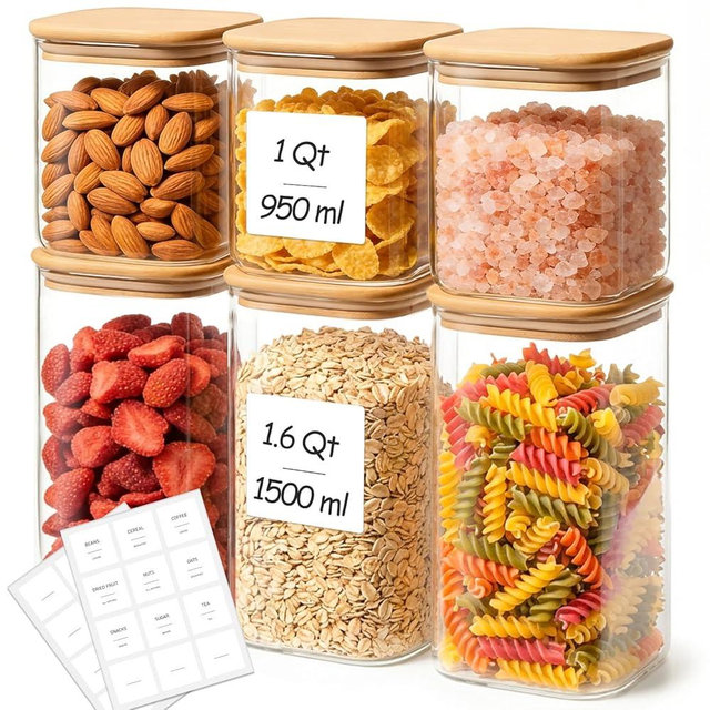 KTMAMA 6-Pack Square Glass Pantry Storage Containers with Lids, Airtight Stackable Pantry Organization and Storage Set (1.6 Qt/1 Qt) for Snacks, Cereal & Coffee