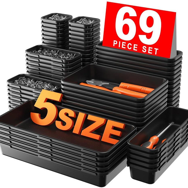 【More Larger Size】A-LUGEI【69Pcs】【5 Size】 Tool Box Organizer Tray Divider Set, 【Black】 Desk Drawer Organizer, Garage Organization and Storage Toolbox for Rolling Tool Chest Cart Cabinet WorkBench Parts