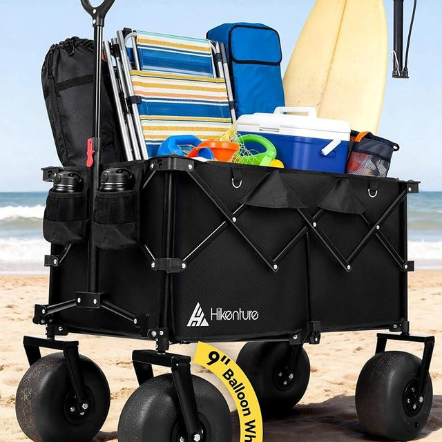 Hikenture Beach Wagon with Balloon Wheels, 9" PU Tires Collapsible Wagon, 440lbs Heavy Duty Beach Cart with Big Wheels for Sand, Large Capacity Utility Wagons Carts Foldable
