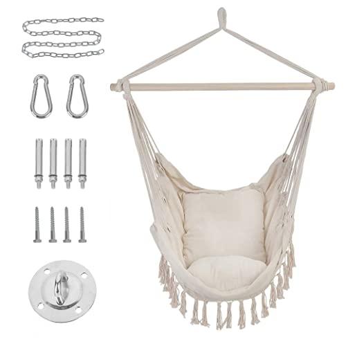 Patio Watcher Hammock Chair Hanging Rope Swing Seat with 2 Cushions and Hardware Kits, Perfect for Indoor, Outdoor, Home, Bedroom, Patio, Yard，Deck, Garden