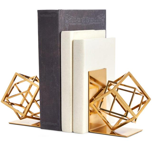 Juvale Decorative Gold Bookends with Square Metal Geometric Design, for Books, Magazines, Journals, Slip-Resistant Pads