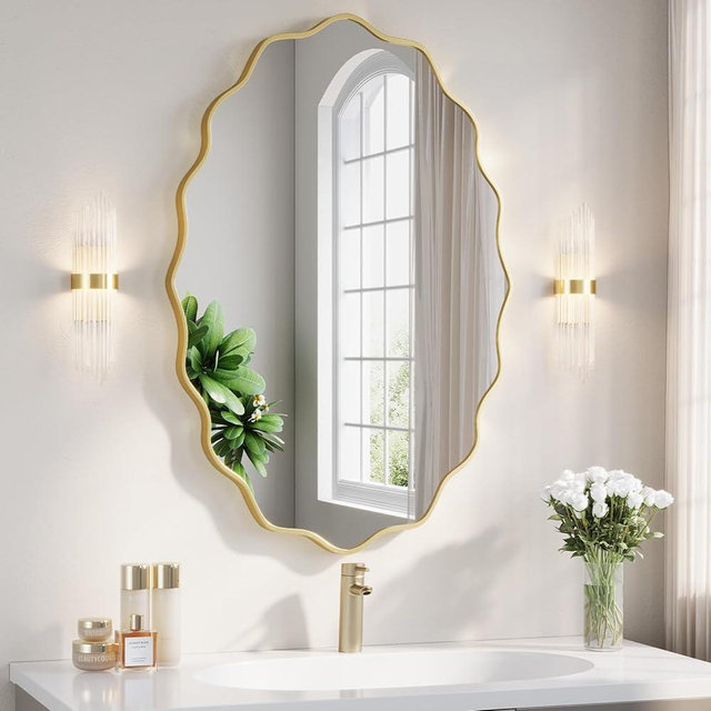 ULIKE Gold Wavy Mirror for Bathroom, Oval Mirror with Metal Frame, 20x30 Inch Wavy Mirrors with Tempered Glas for Decor, Vanity Mirrors for Bathroom, Bedroom, Entryway, Horizontal or Vertical Hanging