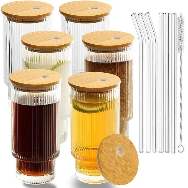 CAYOREPO 6 Pcs Set 16oz Ribbed Drinking Glasses with Bamboo Lids and Straws, Ribbed Glass Cups, Stackable Glasses, Vintage Water Glasses for Juice, Beer, Coffee, Tea and Cocktail (Clear (6Pcs))