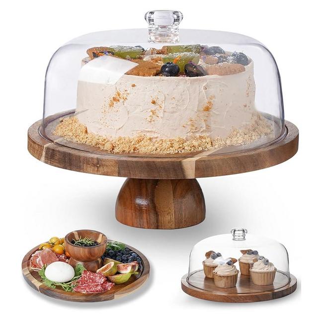 Kanwone Acacia Wood Cake Stand with Lid - 12in Cake Plate, 2-in-1 Multi-Functional Dessert Table Display Set, Charcuterie Board for Cheese, Chips & Dips, Nachos, Cake Holder with Acrylic Dome, Detachable Design