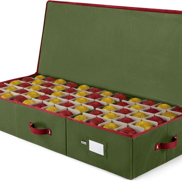 ZOBER Underbed Christmas Ornament Storage Box - Stores 120 3" Ornaments, With Dividers - Tear Proof 600D Oxford Fabric, Ornament Organizer Storage Box, Durable Christmas Containers Holder - Green