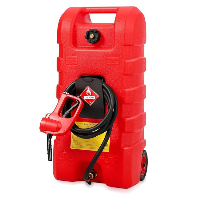 15 Gallon Gas Can, Fuel Tank Container with LE Fluid Transfer Manual Siphon Pump & 10FT Hose, Portable Diesel Gas Storage Caddy with Wheels for Car, ATV, Weeder, Boat, etc., Red