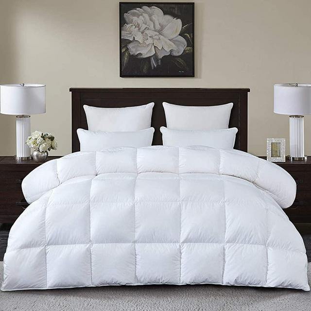 RS Bedding Luxurious All Season White Goose Down Comforter Duvet Insert Queen Size, 1000 Thread Count 100% Cotton Shell 750+ Fill Power 42 Oz Fill Weight, Hypoallergenic (White Solid, Queen)