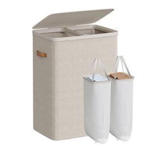 SONGMICS Laundry Basket, 44.9 Gal. Laundry Hamper, 2 Compartments, Easy Assembly, with Lid and Handles, Removable Liners, 22 x 15.7 x 29.5 Inches, Cappuccino Beige ULCB813L01