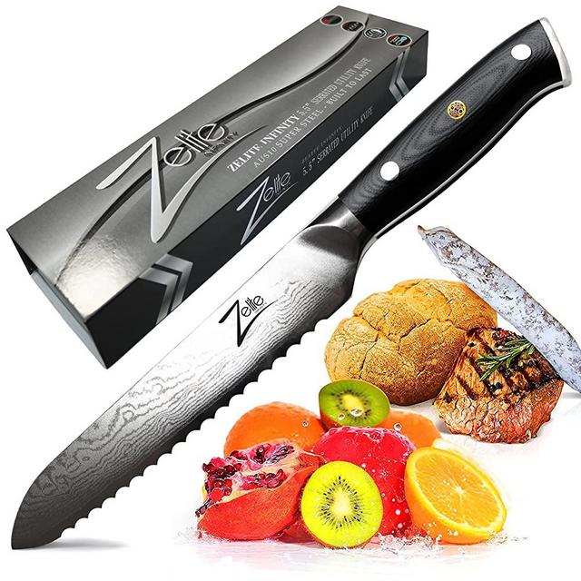 Zelite Infinity Serrated Utility Knife 5.5 Inch - Alpha-Royal Series - Japanese AUS-10 Super Steel 67-Layer Damascus - Razor Sharp, Superb Edge Retention