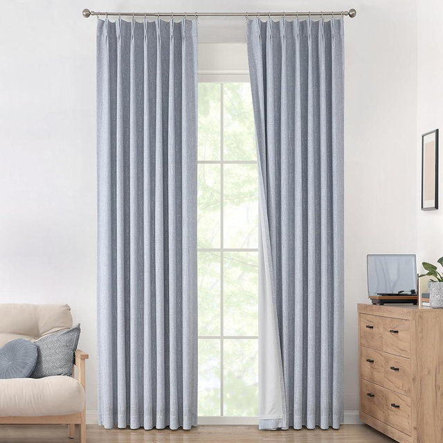 Vision Home Chambray Blue Pinch Pleated Full Blackout Curtains Room Darkening Window Curtains for Living Room Bedroom Thermal Insulated Pinch Pleat Blue Drapes with Hooks Back Tab 2 Panel 40" Wx112 L