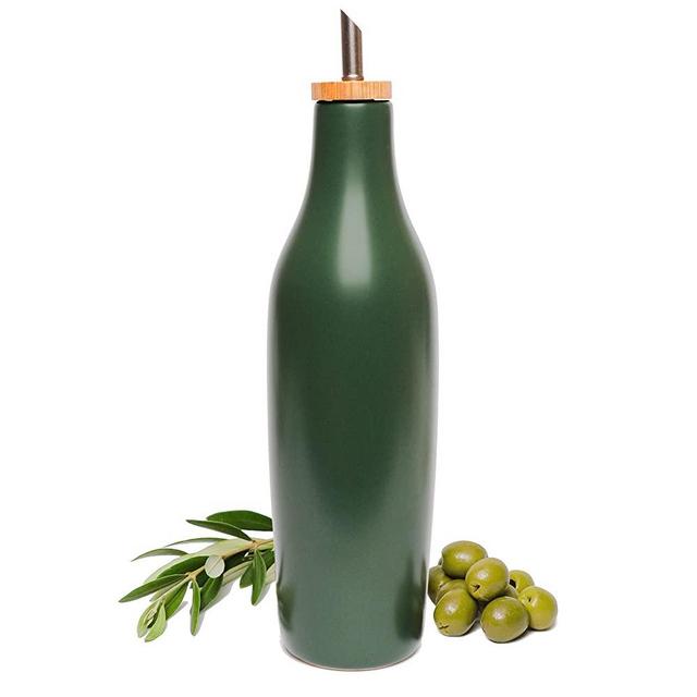 Grace Homewares Olive Oil Dispenser Bottle Stoneware Ceramic for EVOO or Vinegar | Modern Design | Large Capacity 16.9 ounce | Oil Container | Green