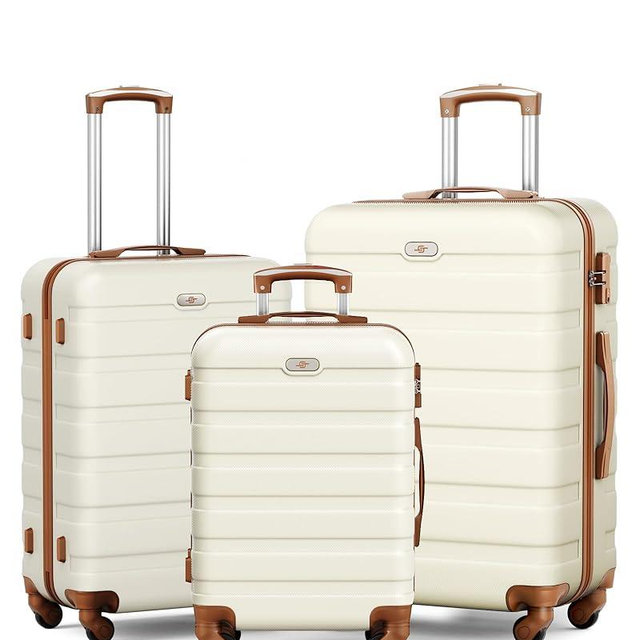 Suitour Luggage 3 Piece Sets Hard Shell Luggage Set with Spinner Wheels,TSA Lock,20 24 28 inch Travel Suitcase Sets (White Brown)