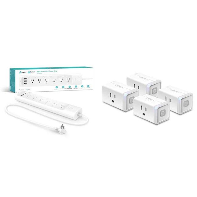 Kasa Smart HS300 Plug Power Strip & Smart Plug HS103P4, Smart Home Wi-Fi Outlet Compatible with Alexa, Echo, Google Home & IFTTT, No Hub Required, Remote Control, 15 Amp, UL Certified,4-Pack