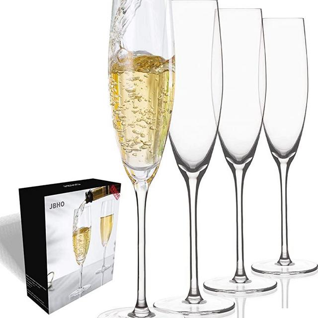 JBHO Hand Blown Crystal Champagne Flutes - Lead-Free Premium Crystal Clear Glass - Set of 4-7.13 Ounce(211 ml) - 9.84'' Tall - Perfect Size Champagne Glasses - Gift-Box for any Occasion