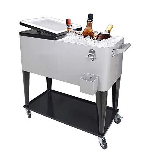 SHAREWIN 80 Qt Rolling Cooler Cart Ice Chest for Outdoor Patio Deck Party Portable Party Bar Cold Drink Beverage Cart Tub, Backyard Cooler Trolley on Wheels with Shelf,Bottle Opener Silvery