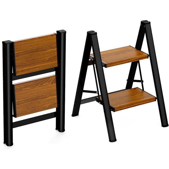 HBTower 2 Step Stool,Lightweight Aluminum Folding Step Stool with Anti-Slip Wide Pedal,330lbs Capacity 2 Step Ladder for Household,Kitchen,Office - BlackWoodgrain