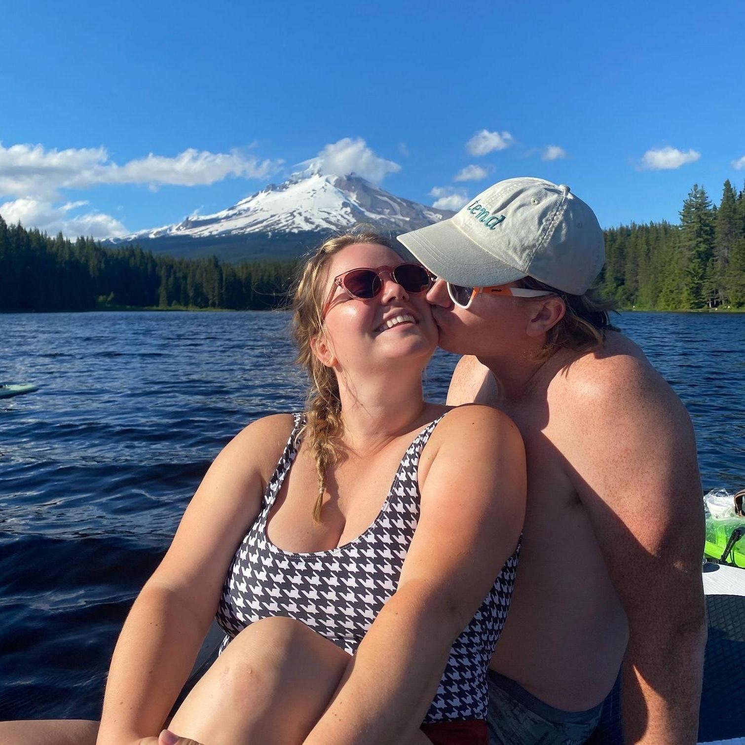 Paddleboarding on Trillium Lake with views of Mt Hood. Chris didn't catch a fish...