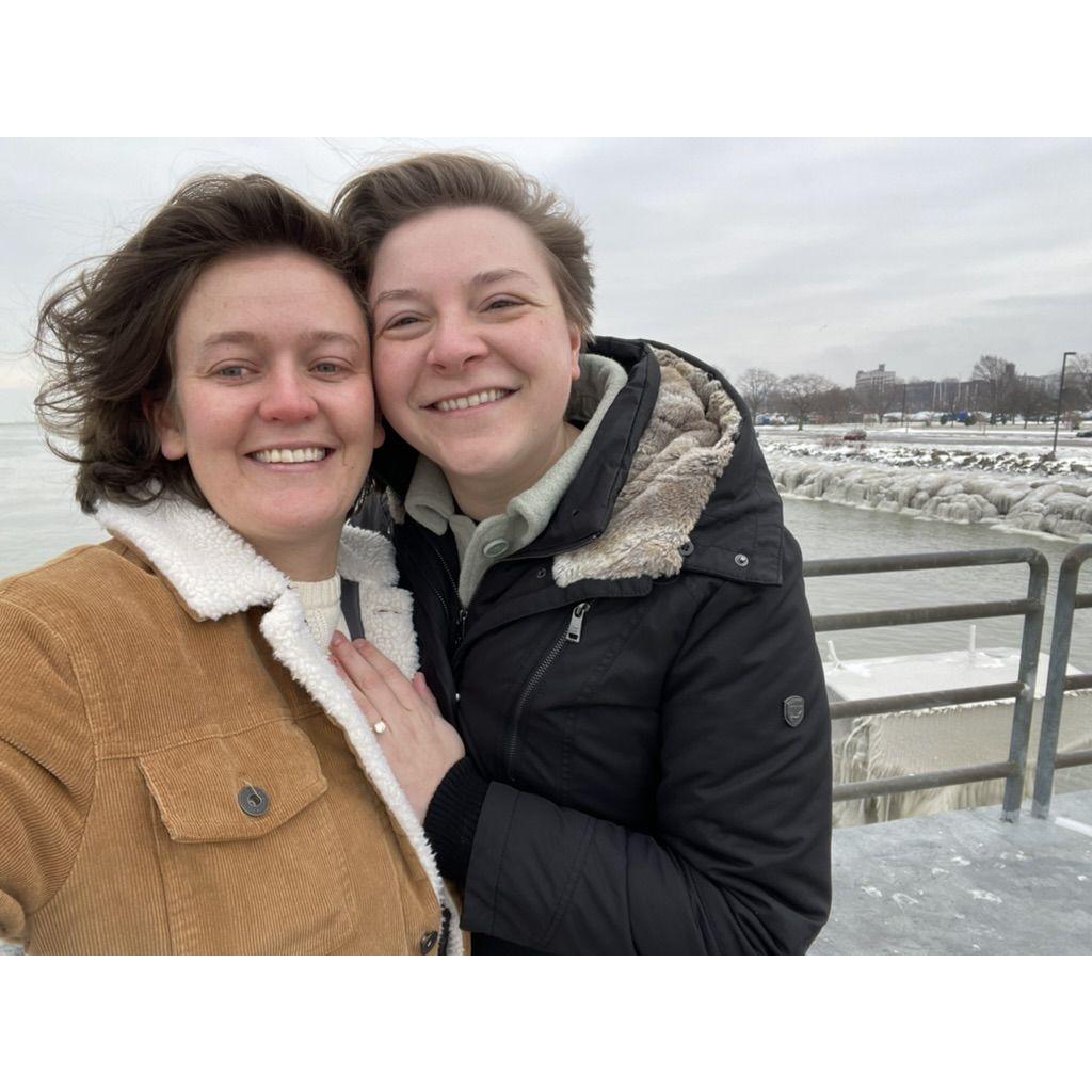 Engagement number 1 - Robin proposed to Michelle on a pier in Cleveland. One of our favorite places to sit and eat Cleveland bagel, enjoy coffee, or just relax by the lake