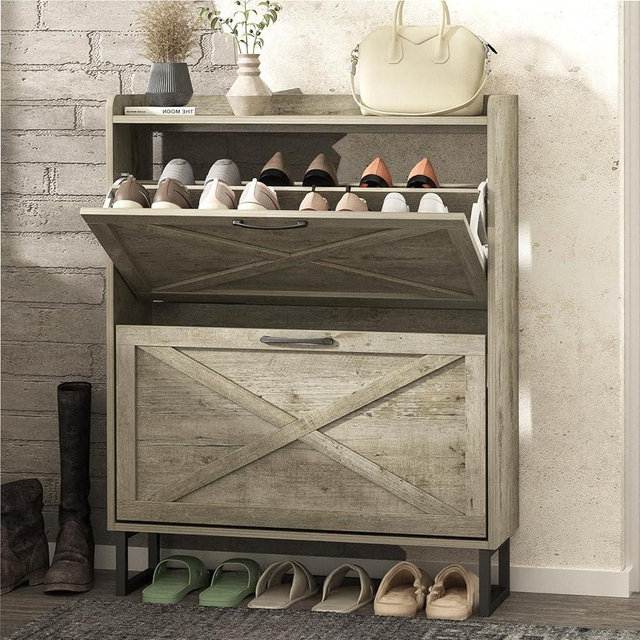 Maupvit Shoe Storage Cabinet with 2 Flip Drawers, Freestanding Organizer with Metal Legs for Entryway, Narrow Shoe Rack Cabinet, Light Rustic Oak