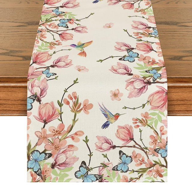 Artoid Mode Flowers Bird Butterfly Spring Table Runner, Seasonal Kitchen Dining Table Decoration for Home Party Decor 13x72 Inch